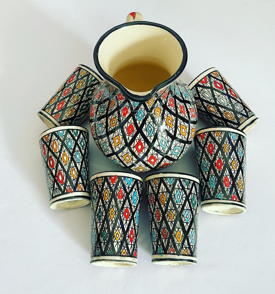 Handcrafted Moroccan Jug Set with Matching Cups - Vibrant Colors and Patterns