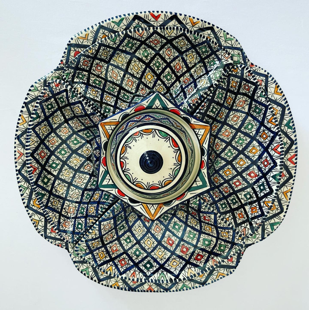 Moroccan Hand-Painted Multi-Compartment Serving Dish with Lid