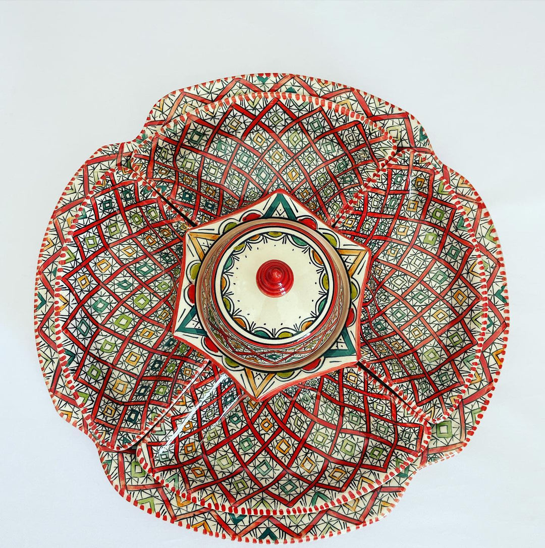 Moroccan Hand-Painted Multi-Compartment Serving Dish with Lid