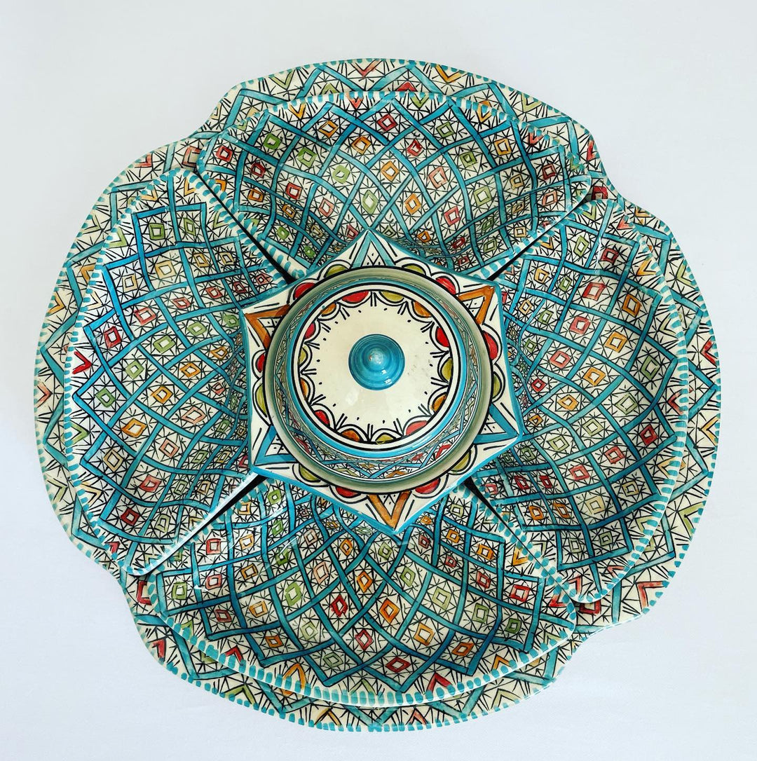 Moroccan Hand-Painted Multi-Compartment Serving Dish with Lid