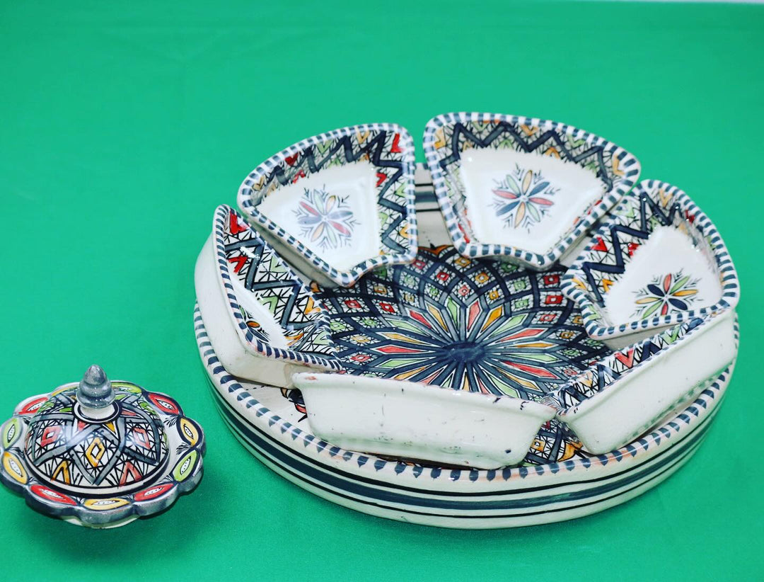 Moroccan Hand-Painted Ceramic Appetizer Platter with Lid