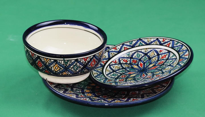 Set of 6 Moroccan Hand-Painted Ceramic Bowls with Plates