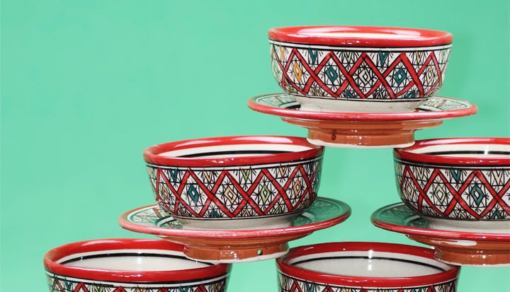 Set of 6 Moroccan Hand-Painted Ceramic Bowls with Plates