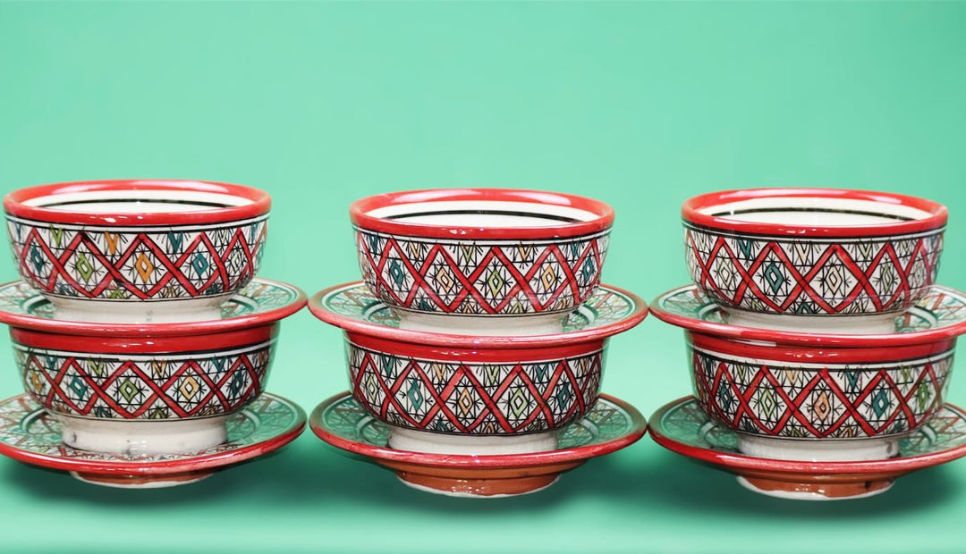 Set of 6 Moroccan Hand-Painted Ceramic Bowls with Plates