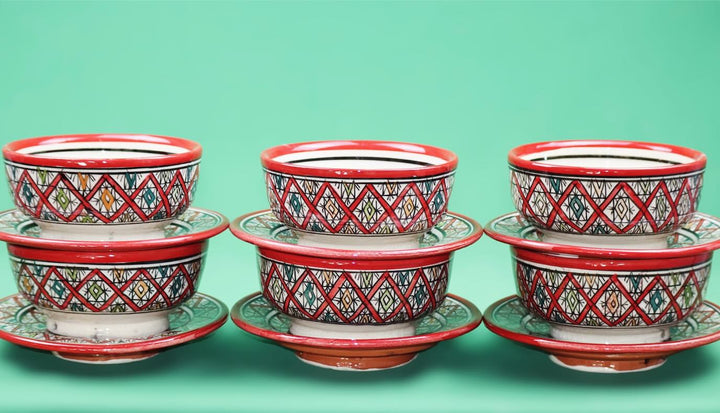 Set of 6 Moroccan Hand-Painted Ceramic Bowls with Plates