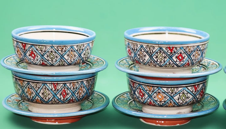 Set of 6 Moroccan Hand-Painted Ceramic Bowls with Plates