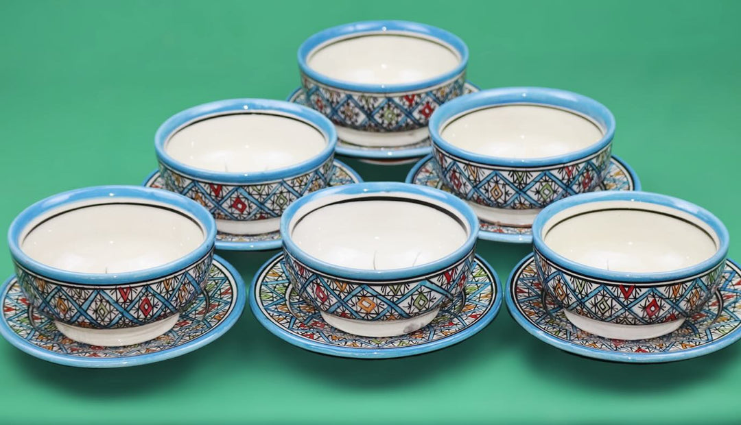 Set of 6 Moroccan Hand-Painted Ceramic Bowls with Plates