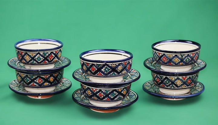 Set of 6 Moroccan Hand-Painted Ceramic Bowls with Plates