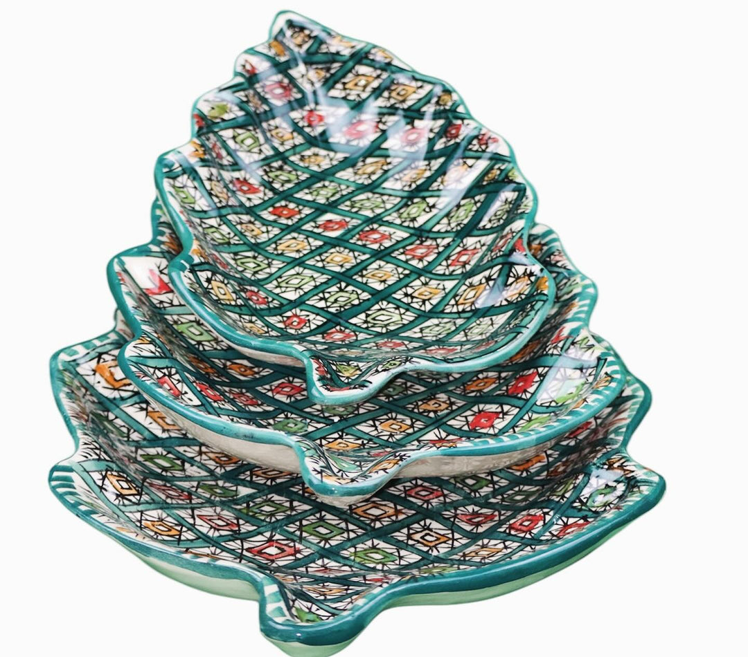 Set of 3 Moroccan Hand-Painted Leaf-Shaped Ceramic Plates