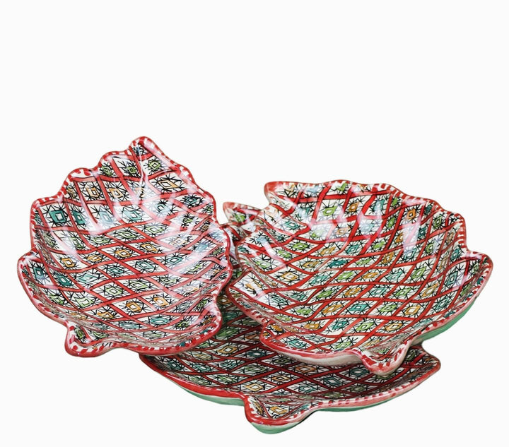 Set of 3 Moroccan Hand-Painted Leaf-Shaped Ceramic Plates